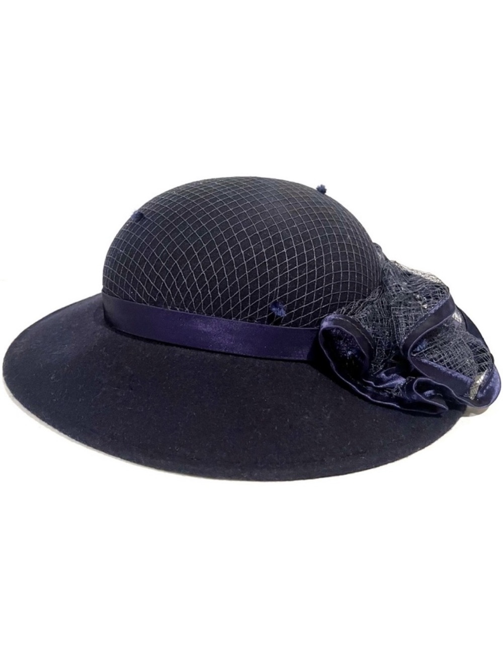 Vintage 100% Wool Dark Navy Blue Sun Hat Ribbon Made in USA Fedora Mesh Bow Nice